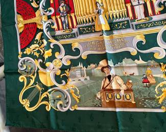 9-$295 - Hermes Square silk scarf 36x36 - Model Orgaphone - Edition 1996 - 90cm. Very good condition. no stain no pulls, no box.