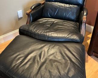 Black leather Louis XV style chair and ottoman