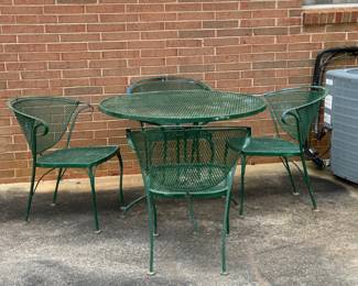 Antique Wrought Iron Table with Barrel Back Chairs