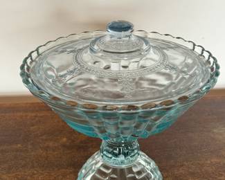 Vintage Light Blue Fire King Pedestal Dish with Lid