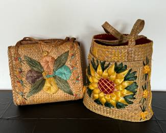 Vintage Handmade Straw Flower Tote and Handbag