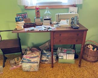 Sewing Machine, New Old Stock Vintage Buttons, Thread, Lace, Appliques and More