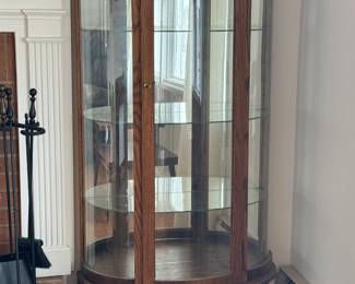 Antique Oak Curved Lighted Curio Cabinet 