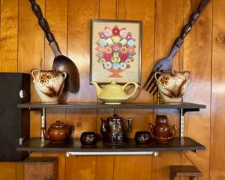 Vintage Brown Glazed Owl Tea Pot, Vintage Carved Wood Fork & Spoon & More
