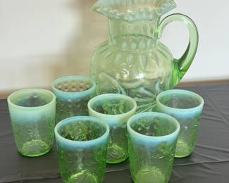Vintage Fenton Green Opalescent Pitcher and Glasses