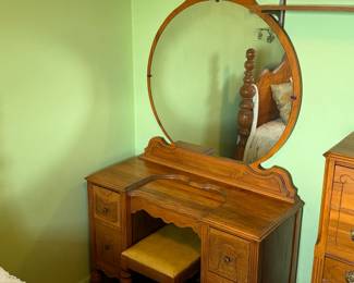 Vintage Art Deco Carved Vanity with Bench
