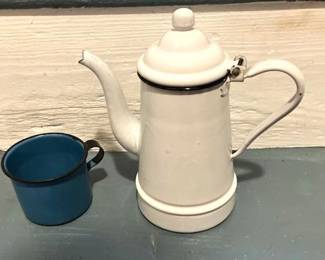 Enamelware Coffee Pot & Blue Cup
