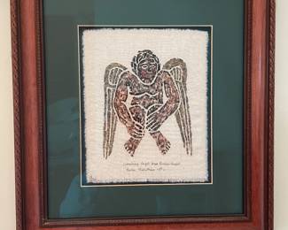 "Crouching  Angel" Stone Rubbing on Textile 