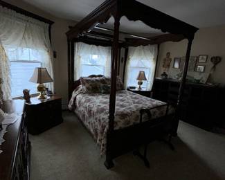 Coloniol Four post bed with built in reading lights and complete bedroom set by White. Dresser w/tri[le mirror, two night stands and Armoir. 