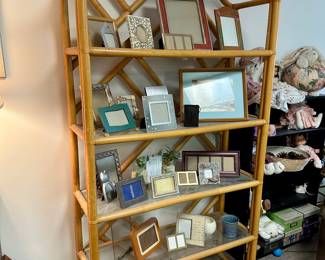 Large bamboo bookshelf with glass shelves, sturdy, great condition