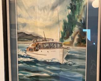 Framed & Matted Watercolor Yacht in the Oregon Coast by Riehl

