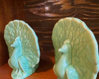 Pair of USA Cameron Clay Pottery Peacock Wall Pocket Planter
