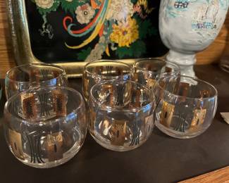 Set of 6 Black/Gold Federal Glass Roly Poly Pandora Cocktail Bar Tumblers