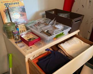 Assortment of Fabric, Thread and Sewing Supplies