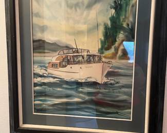 Framed & Matted Watercolor Yacht in the Oregon Coast by Riehl
