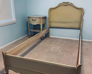 Two (2) Touraine French Provincial Cream / Off White Painted Twin Size Beds, One Nightstand, Dresser and Chest of Drawers