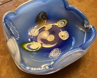 Vintage Mid-Century Blown Glass Blue and White Trinket Bowl
