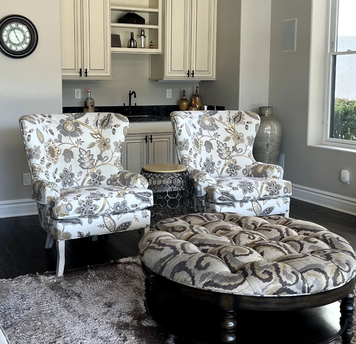 Drexel heritage floral chairs and ottoman