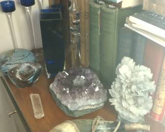 amethyst, candle holders, chinese carving, oil lamp, Galileo thermometer, powder horns