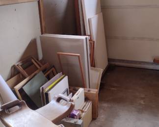 stool, frames, canvases, and mats.