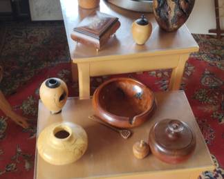 bronze horse sculpture and wooden vases