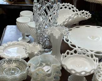 Fenton Silvercrest glass plus opalescent small bowls. mid century glass vase