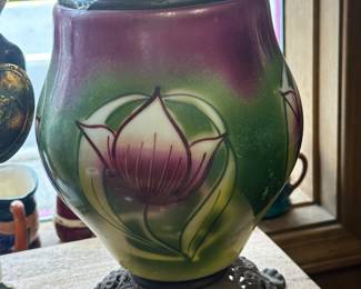 beautiful vintage hand painted glass and brass lamp base