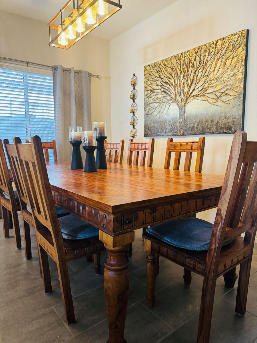 44 x 96- Table is 1 piece with 8 chairs. 