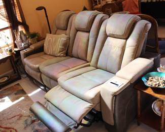 Leather reclining three seat sofa is for sale - USB chargers on each arm
