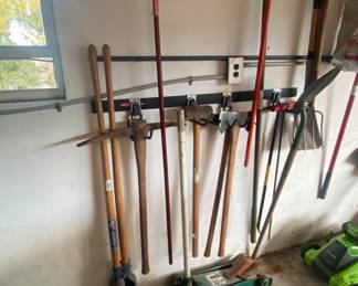 Post hole digger, pick axe, Sledge hammer, axe, shovel garden tools