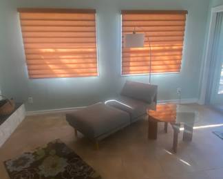 Chaise lounge 16 x 60 x 29, floor lamp and                     
 MCM 4 legged table with 30" glass top  small floor rug