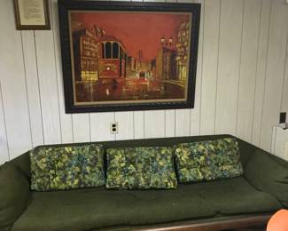 Adrian Pearsall inspired sofa, solid and sturdy but needs recovering. Vintage wall art!