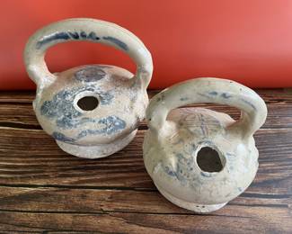 19th century lime pots, made in France for the Vietnamese market, white glaze with blue decoration—a lime pot was made to hold powdered lime (calcium oxide) which was mixed with betel nut and spices and then chewed. It was a popular stimulant in Vietnam, India and other parts of South and Southeast Asia