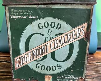 Antique advertising tins and cardboard containers: G&P bread, McLaughlin Coffee, Quaker, CR Tartar, Wag Coffee, Schepp’s Cocoanut, A&P Coffee, Eslinger honey, Louvain Coffee, Gold Bond A1 Coffee, Thomas J Webb Coffee, CW Coffee, SE Johnson powdered dancing wax, Tropic Aroma Coffee, Maxwell House Coffee, Forbes Quality Coffee, Great American pepper, Rich’s Canton Ginger, Ferndall Coffee, Bravo Coffee, Mrs. Stewart’s liquid bluing, Ideal Not-A-Seed Raisins, Cracker Jack, Calumet Baking Powder, Golden Rule Cocoa, Watkins Baking Powder, Back Diamond Cod, Bermont Whiskey, Brach’s Supreme Marshmallows, Planters Pennant Peanuts, Bunny Rolled Oats, A&P cloves spice tins, Heinz, Ivin’s biscuits, Crispo Graham Dainties, Hills Bros, A. Weinfeld sweet pickles, Kellogg’s All Bran, and more!