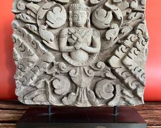 12th century Khmer carved stone lintel piece with Buddha