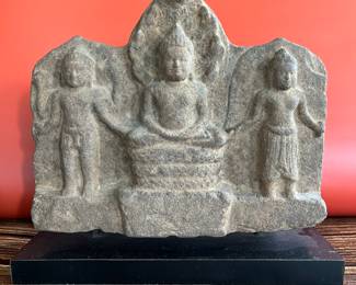 12th century Khmer triple Buddha stone carved panel