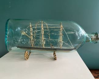 c. 1885 antique ship in a bottle, the bottle is a Dr Cumming Vegetine bottle, c 1885