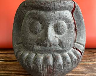 Antique Japanese wooden Daruma mold—Durama dolls represent the priest Bodhidharma who brought Zen Buddhism to China, but in Japan, he became known as Daruma. Daruma, because of his single-mindedness was believed to fulfill wishes. A Daruma doll is shaped in such a way that it cannot be knocked over; he will always right himself because he never surrenders to despair.