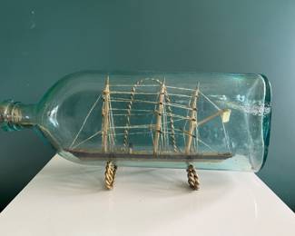 c. 1885 antique ship in a bottle, the bottle is a Dr Cumming Vegetine bottle, c 1885