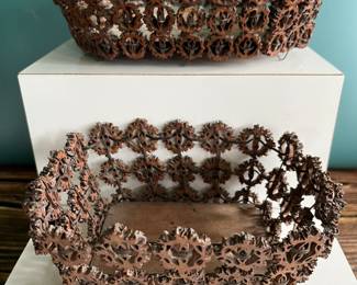 Antique carved black walnut tramp art, folk art baskets with cigar box bases