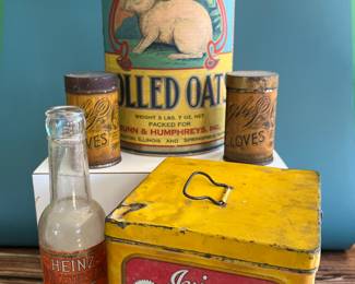Antique advertising tins and cardboard containers: G&P bread, McLaughlin Coffee, Quaker, CR Tartar, Wag Coffee, Schepp’s Cocoanut, A&P Coffee, Eslinger honey, Louvain Coffee, Gold Bond A1 Coffee, Thomas J Webb Coffee, CW Coffee, SE Johnson powdered dancing wax, Tropic Aroma Coffee, Maxwell House Coffee, Forbes Quality Coffee, Great American pepper, Rich’s Canton Ginger, Ferndall Coffee, Bravo Coffee, Mrs. Stewart’s liquid bluing, Ideal Not-A-Seed Raisins, Cracker Jack, Calumet Baking Powder, Golden Rule Cocoa, Watkins Baking Powder, Back Diamond Cod, Bermont Whiskey, Brach’s Supreme Marshmallows, Planters Pennant Peanuts, Bunny Rolled Oats, A&P cloves spice tins, Heinz, Ivin’s biscuits, Crispo Graham Dainties, Hills Bros, A. Weinfeld sweet pickles, Kellogg’s All Bran, and more!