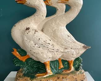 Hubley, c 1920, three geese astride cast iron doorstop