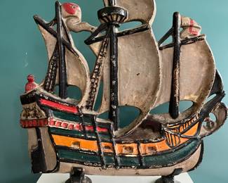 Hubley, c 1930, vintage three masted ship cast iron doorstop