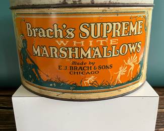 Antique advertising tins and cardboard containers: G&P bread, McLaughlin Coffee, Quaker, CR Tartar, Wag Coffee, Schepp’s Cocoanut, A&P Coffee, Eslinger honey, Louvain Coffee, Gold Bond A1 Coffee, Thomas J Webb Coffee, CW Coffee, SE Johnson powdered dancing wax, Tropic Aroma Coffee, Maxwell House Coffee, Forbes Quality Coffee, Great American pepper, Rich’s Canton Ginger, Ferndall Coffee, Bravo Coffee, Mrs. Stewart’s liquid bluing, Ideal Not-A-Seed Raisins, Cracker Jack, Calumet Baking Powder, Golden Rule Cocoa, Watkins Baking Powder, Back Diamond Cod, Bermont Whiskey, Brach’s Supreme Marshmallows, Planters Pennant Peanuts, Bunny Rolled Oats, A&P cloves spice tins, Heinz, Ivin’s biscuits, Crisp