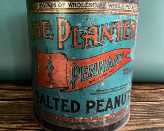 Antique advertising tins and cardboard containers: G&P bread, McLaughlin Coffee, Quaker, CR Tartar, Wag Coffee, Schepp’s Cocoanut, A&P Coffee, Eslinger honey, Louvain Coffee, Gold Bond A1 Coffee, Thomas J Webb Coffee, CW Coffee, SE Johnson powdered dancing wax, Tropic Aroma Coffee, Maxwell House Coffee, Forbes Quality Coffee, Great American pepper, Rich’s Canton Ginger, Ferndall Coffee, Bravo Coffee, Mrs. Stewart’s liquid bluing, Ideal Not-A-Seed Raisins, Cracker Jack, Calumet Baking Powder, Golden Rule Cocoa, Watkins Baking Powder, Back Diamond Cod, Bermont Whiskey, Brach’s Supreme Marshmallows, Planters Pennant Peanuts, Bunny Rolled Oats, A&P cloves spice tins, Heinz, Ivin’s biscuits, Crisp