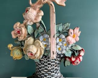 Hubley, c 1930, basket of flowers cast iron doorstop with bow