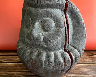 Antique Japanese wooden Daruma mold—Durama dolls represent the priest Bodhidharma who brought Zen Buddhism to China, but in Japan, he became known as Daruma. Daruma, because of his single-mindedness was believed to fulfill wishes. A Daruma doll is shaped in such a way that it cannot be knocked over; he will always right himself because he never surrenders to despair.