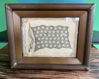 Framed vintage tobacciana flannel insert for a cigar box—American flag, 1940s
