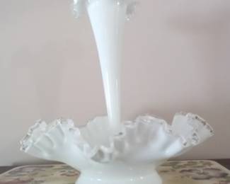 Vintage milk glass.  Vase fits into dish