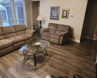 Lazyboy Sofa and Love Seat with Electric Recliners - Glass and Wrought Iron Coffee Table